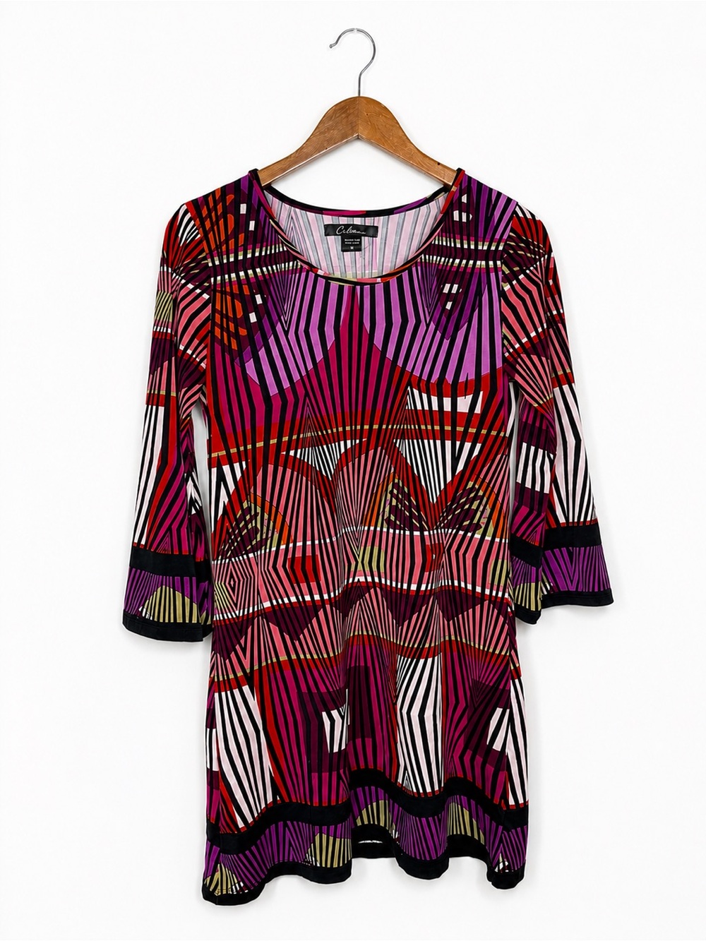 Calesa Geometric  Women’s Medium Pink Purple 3/4 Sleeve Stretch Shift Dress